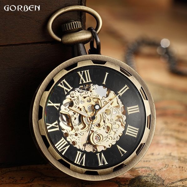 

retro watch necklace steampunk skeleton mechanical fob pocket watch roman number clock pendant hand-winding men women chain gift t200502, Slivery;golden