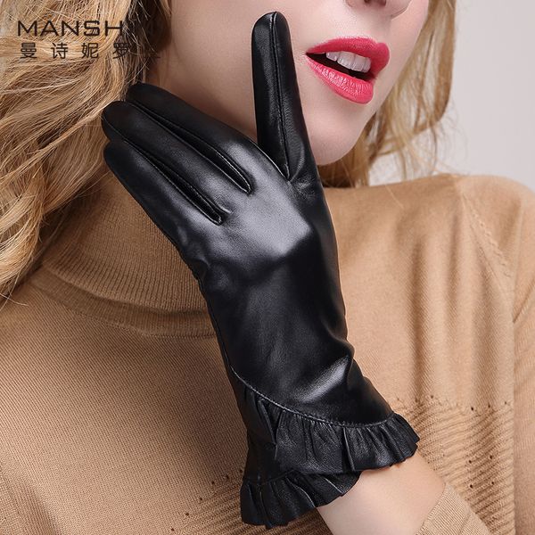 

stylish genuine leather touch screen woman winter sheepskin velvet lining warm telefingers gloves mlz012, Blue;gray