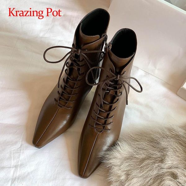 

krazing pot 2020 new arrival work boots genuine leather small square toe thick med heel zipper office lady dress ankle boots l35, Black