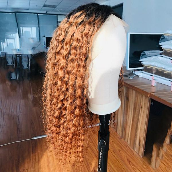 

lace wigs 13x4 ombre color t1b/27 curly front human hair for women bleached knots remy brazilian with baby pre plucked, Black;brown