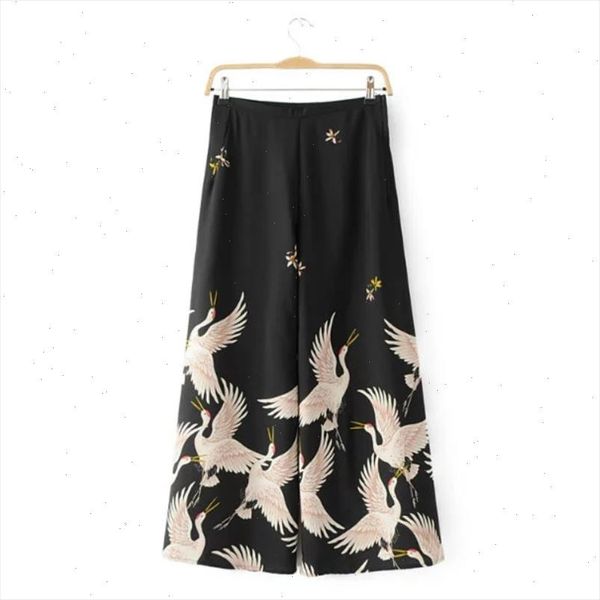 

vintage women red crowned crane printing wide leg pant loose comfortable trousers p152 drop shipping good quality, Black;white