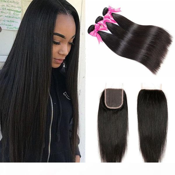 

brazilian human hair 3 bundles with 4x4 lace closure unprocessed brazilian straight virgin human hair weave extensions deals with closure, Black;brown