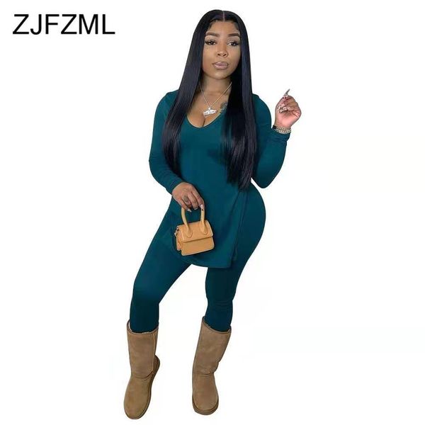 

solid color loungewear sets woman's tracksuit long sleeve side high split tshirts and fitness legging sweatsuit two piece suits c0123, Gray