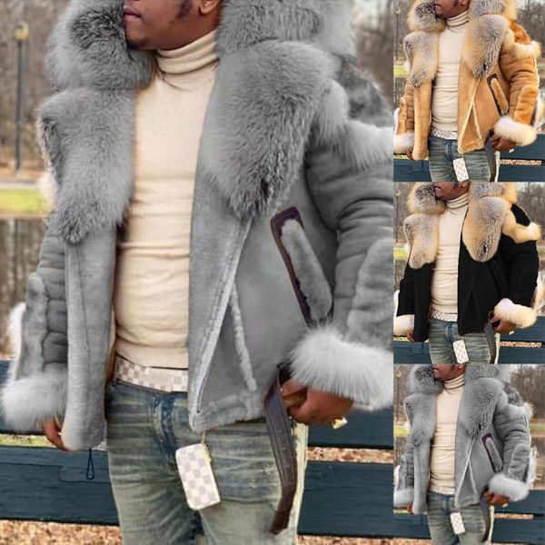 

winter jacket faux fur coat men fashion plus size 5xl fur collar long sleeves warm liner casual zipper mens jackets and coats, Black