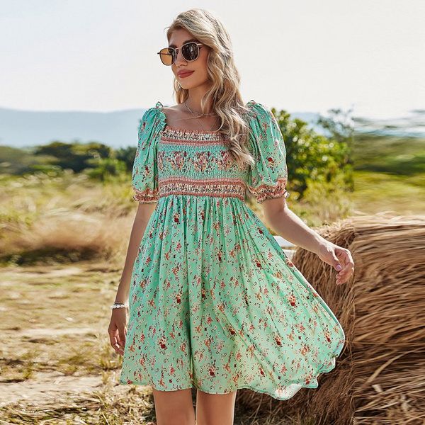 

women mini dresses square collar floral bandage bohemia ruched dress a-line summer fashion, Black;gray