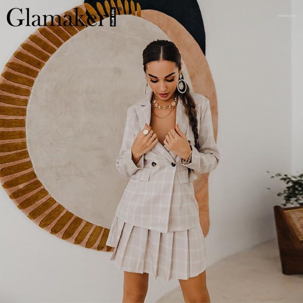 

glamaker elegant plaid printted women 2 piece suit female blazer and a-line pleated skirt female winter autumn chic sets dress1, White