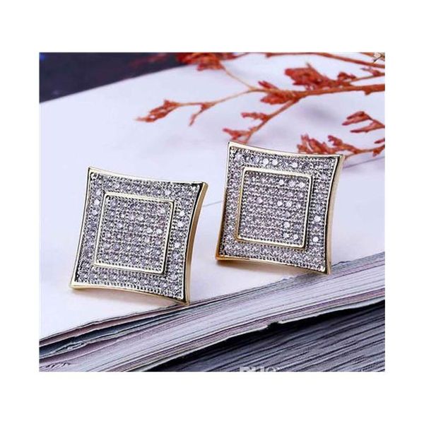 

hip hop bling sparking mens boy jewelry gold black color kite square shape simple micro pave cz screw back earring yu6cz, Golden;silver
