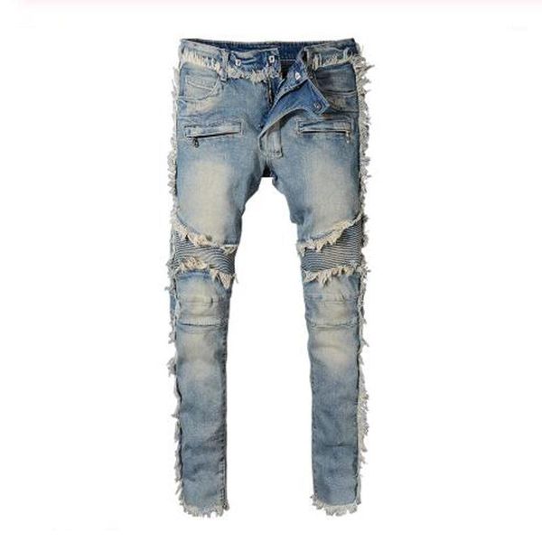 

new men's vintage washed denim fringe biker jeans for moto fashion slim fit straight patchwork pants for big and tall trousers1, Blue