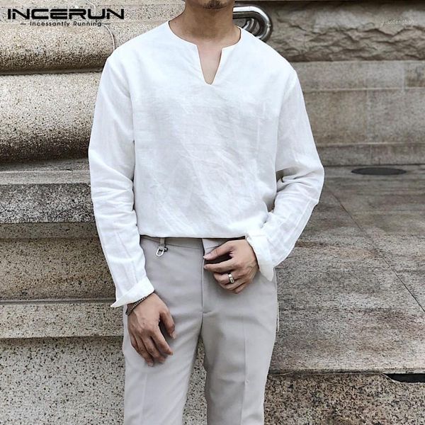 

incerun men shirt long sleeve cotton linen streetwear solid camisa 2020 v neck vintage casual shirts men s-5xl1, White;black