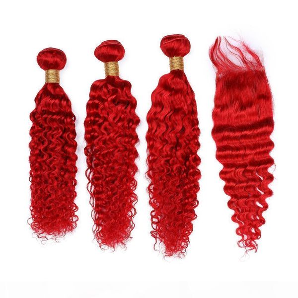 

bright red human hair 3 bundles with lace closure part lace closure with deep wave hair extensions, Black;brown