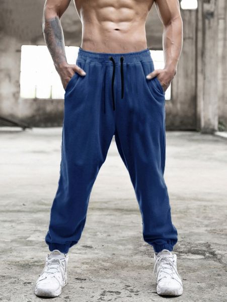 

men drawstring waist slant pocket sweatpants h98g#, Black