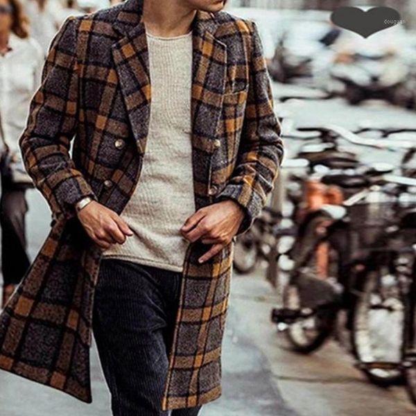 

men houndstooth gentleman woolen coat fashionable trench coat lapel overcoat double-breasted jacket mid-length male warm jacket1, Black