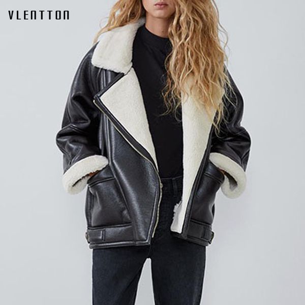 

autumn winter thick warm cashmere pu faux leather biker jacket women solid zipper casual loose jackets coat female outwear 201106, Black;brown