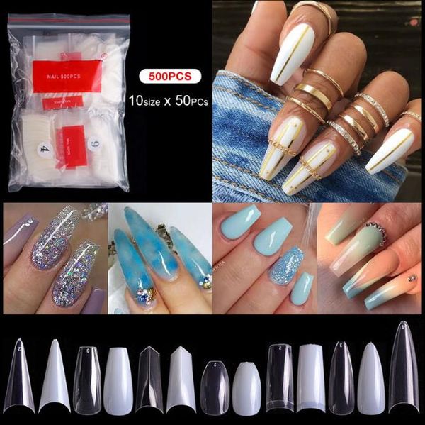 Qualität 36 Stile 500 Stück/Packung Natürliche klare falsche Acryl-Nagelspitzen Voll-/Halbabdeckungsspitzen French Sharp Coffin Ballerina Fake Nails UV-Gel