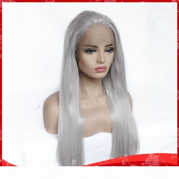 

selling 16-26inch 180% density sliver grey silky straight long wigs heat resistant glueless synthetic lace front wigs for beauty women, Black