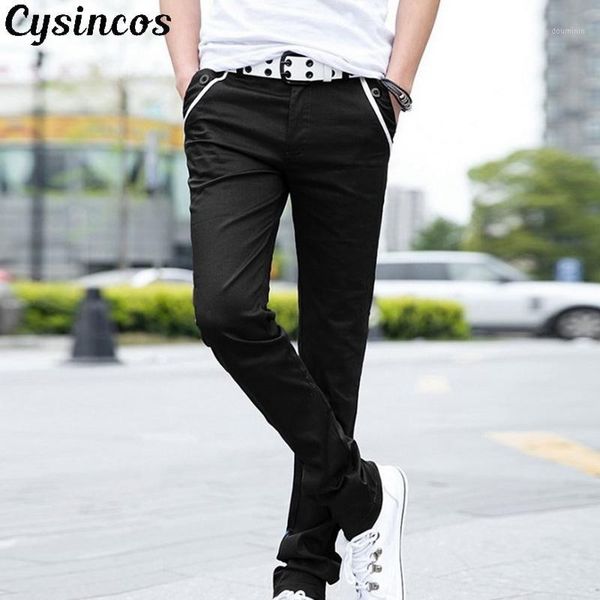 

cysincos 2020 spring new mens multicolor casual pants business fashion elastic solid color slim fit trousers male brand clothes1, Black