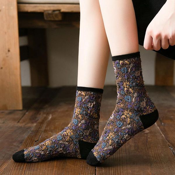 

fashion women funny socks cotton euramerican national wind autumn winter ladies floral socks warm cute vintage meias sokken, Black;white