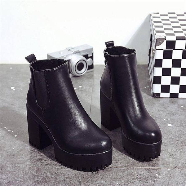 

boots fashion women round head thick bottom pu leather waterproof woman ankle plus velvet women's1, Black