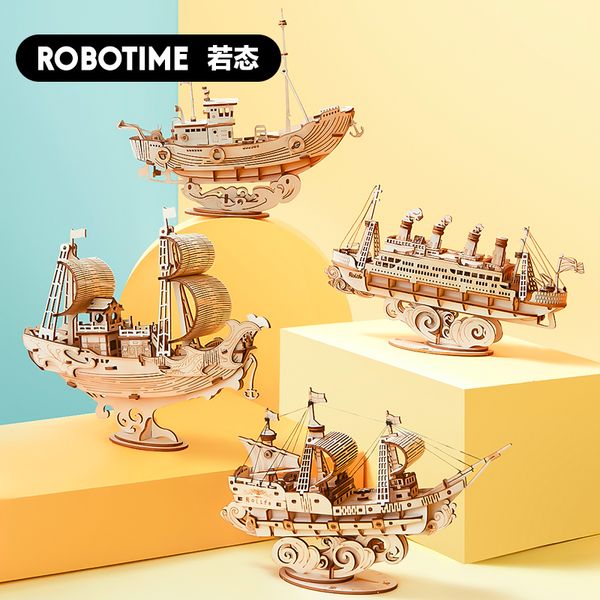 

robotime 3d puzzle wooden toys fishing ship model assembly sailing boat building kits for children birthday gift adult