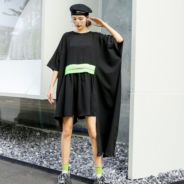 

casual dresses women high street irregular dress color blocked short sleeve o-neck causal t-shirt dresses1, Black;gray