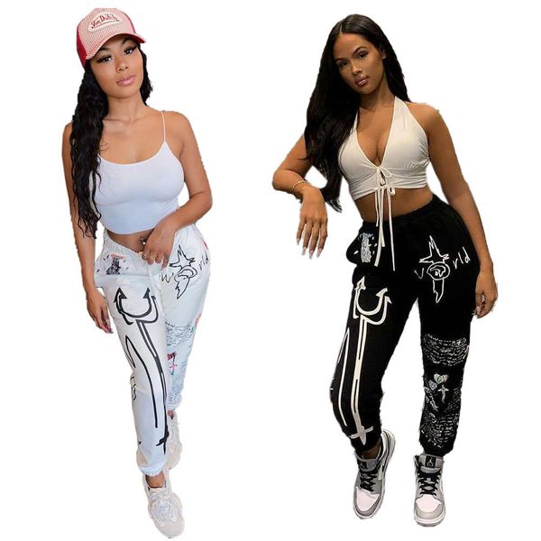 

new women's popular cartoon letter printed sweatpants two piece pants ing, White