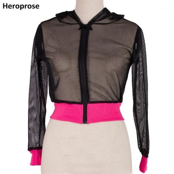 

heroprose new fashion women hip hop slim outwear with a hood ds jazz dance outwear stage female mesh short jackets1, Black;brown