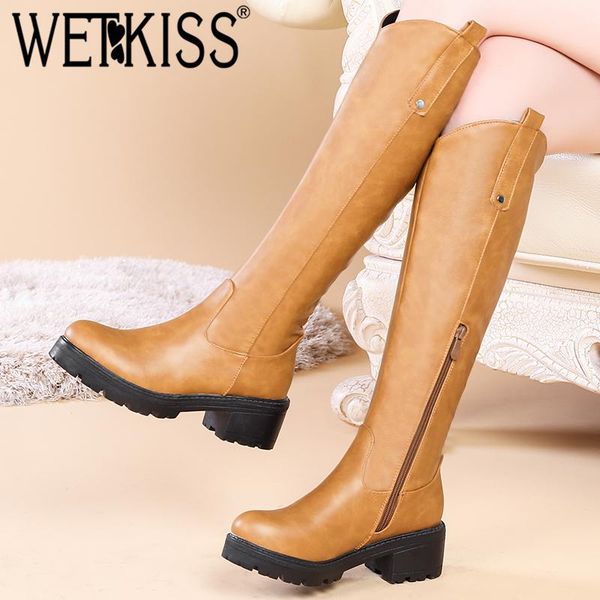 

boots wetkiss motorcycle thick heels women knee high boot female platform rivet shoes ladies round toe casual winter 2021, Black
