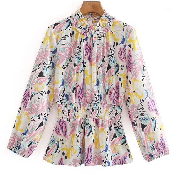 

katara casual o neck blouses women fashion printed slim shirts women elegant elastic waist long sleeve female ladies gy1, White