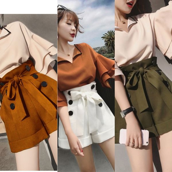 

2020 лета новой корейских мод мода нагрудная расклешенных рукавов и горн шорт короткого рукав широких ног шорты спорт вскользь два куска наб, Gray