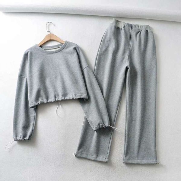 

leisure sports suit women's new plush winter short pullover sweater + high waist wide leg pants, Gray