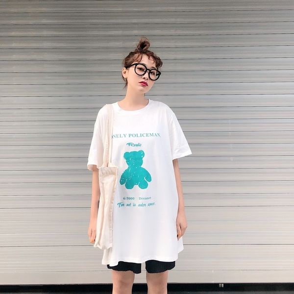 

qdrdr fashion cute net print short sleeve t-shirt for women 2020 summer korean ins qianchun bear red loose coat t-shirt casual yoj2b, White