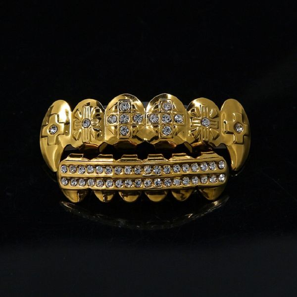 Denti in oro 24 carati Grillz strass TopBottom Griglie lucide Set gioielli Hip Hop con denti ghiacciati