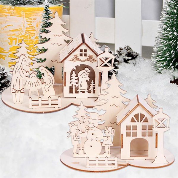 Decorazioni natalizie Giocattolo in legno fai-da-te Decorazione divertente per il desktop Puzzle tridimensionale Casa del pupazzo di neve Giocattolo per bambini1