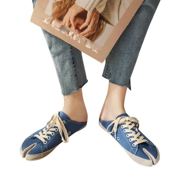 

chic students canvas shoes orange lace up split toe casual shoe lazy flat shoes for woman zapatos mujer 2020 new#n3, Black