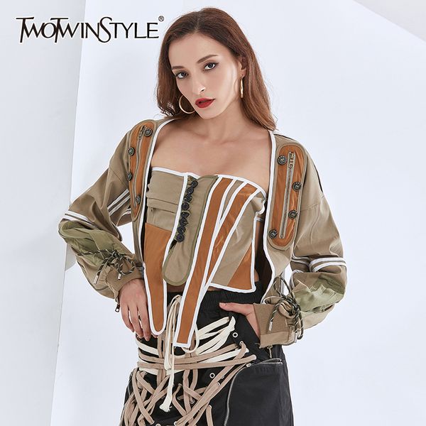 

twotwinstyle irregular coat for women square collar lantern long sleeve hit color designer jackets female fashion clothes 201126, Black;brown