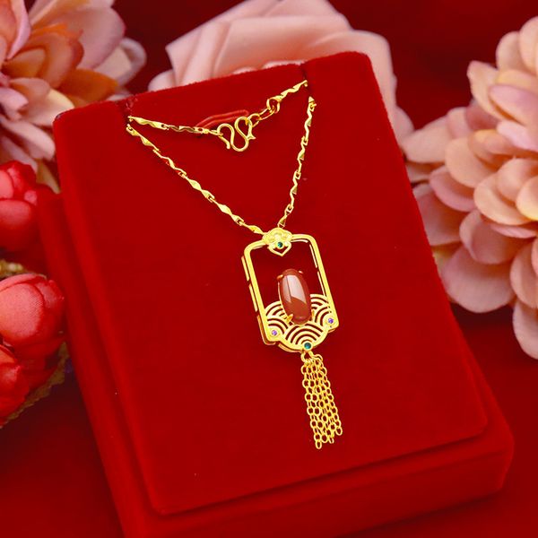 Collana in oro 14k di moda per le donne Gioielli di fidanzamento di nozze Collana con pendente lungo in pietra preziosa di giada con pietra di agata rossa Q0531