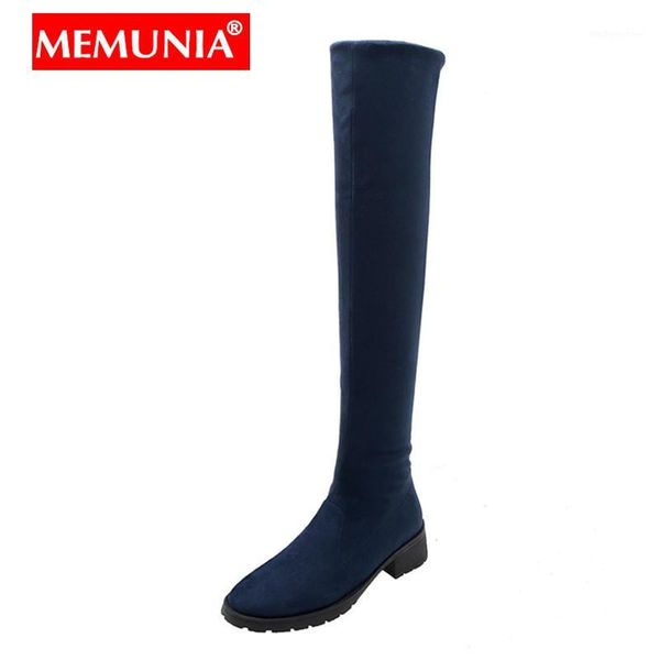 

boots memunia size 30-43 women low heel flock over the knee shoes round toe ladies thigh high slim1, Black