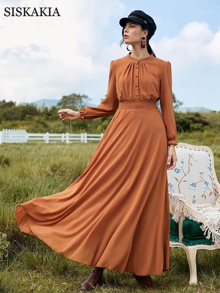 

siskakia quality chiffon maxi dress for women elegant solid pleated crew neck long sleeve muslim qtar turkey arabic clothes 20201, Black;gray