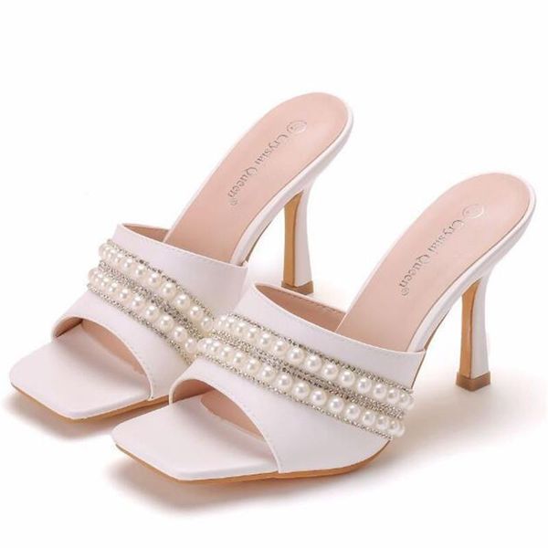 

женщины сандалии свадьба партии pu стразы скольжение на 9cm тонких высоких каблуков квадратного sandalias toe mujer 2020 женщин обуви размер, Black