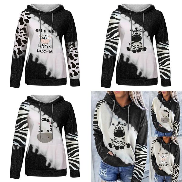 

winter cute sweatshirt fashion women long sleeve color block cow print pockets drawstring sweatshirt hooded q0105, Black