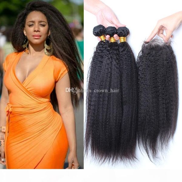 

grade 9a malaysian kinky straight hair bundles with closure color 1b coarse yaki hair weaves with closure kinky straight hair extensions, Black