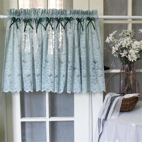 

pastoral blue curtain embroidery bowknot lace coffee curtain kitchen short small