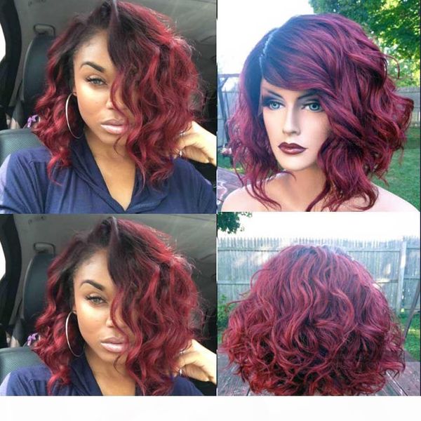 

ombre 99j short bob wavy body wave human lace front wig glueless natural black dark wine virgin hair women wigs cut curly, Black;brown