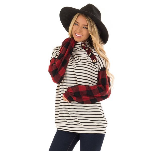 

women striped plaid panelled tshirt turtle neck long sleeve button tees famale autumn clothes, White