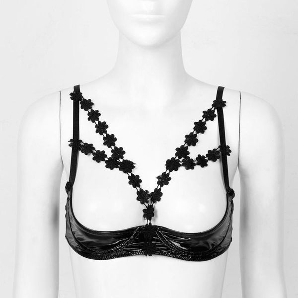 

womens under-wired bikini bra flower trimming patent leather exotic bra nipples crop spaghetti strap sissy lingerie bras1, Red;black