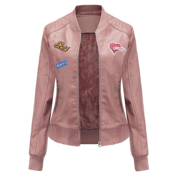 

autumn and winter new embroidery plus velvet baseball uniform jacket leather coats trendy women's faux leather motorcycle jacket, Black