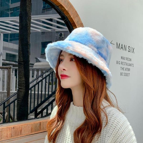 

new trendy adjustable rainbow tie-dyeing winter bucket hat plush soft warm women caps furry outdoor fisherman gorros lady gifts, Blue;gray