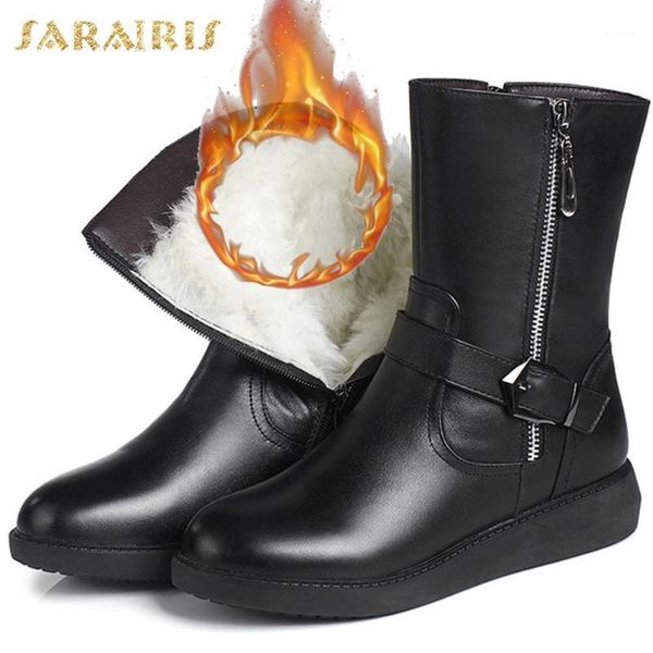 

boots sarairis 2021 genuine leather keep warm wool plush fur winter snow cow skin women shoes mid-calf female1, Black