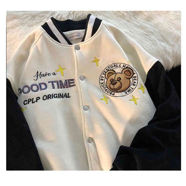 

women's jackets retro wild bear embroidery loose couple autumn thin baseball uniform jacket sweater fashion trend women coat 764d, Black;brown