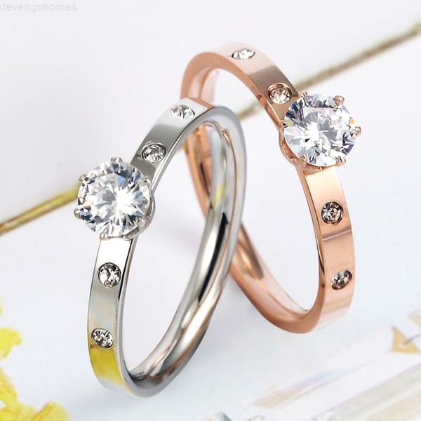

big anti allergy 4 titanium steel small 1 cubic zirconia ring for woman rose gold color crystal wedding jewelry bague, Silver